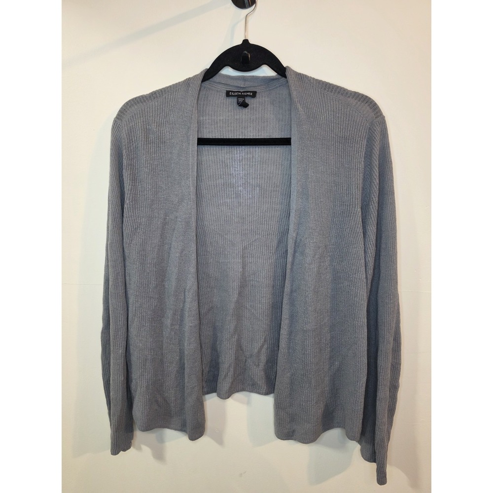 Eileen Fisher Women Organic Cotton Linen Open Front Ribbed Cardigan Sz LG Gray